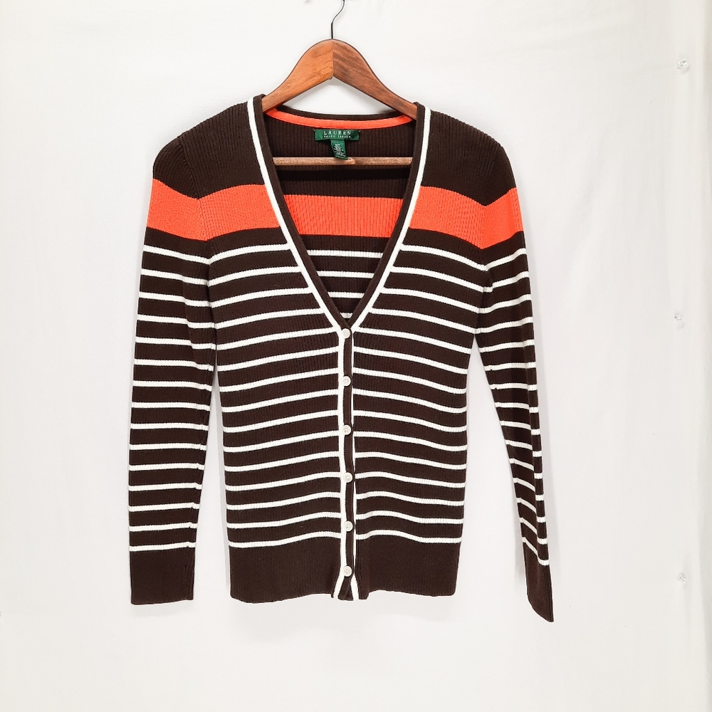lauren ralph lauren brown cardigan with orange and white stripes women